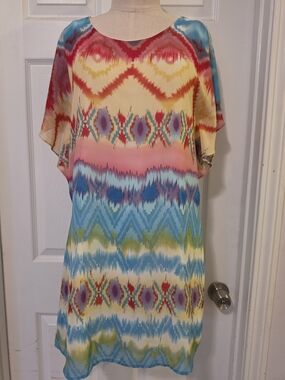 Rachel Kate Multicolor Ikat-Print Shift Dress - Blue, Pink, Yellow Size Small